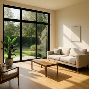 large floor to ceiling windows fill a contemporary living room with natural light