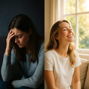 side by side comparison of two women. one in natural light and one without